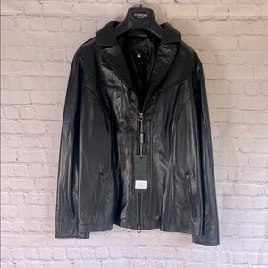Italian Black Leather‎ Zip Up Jacket Made by CURGÈ Woman size Large or EU 46 NWT